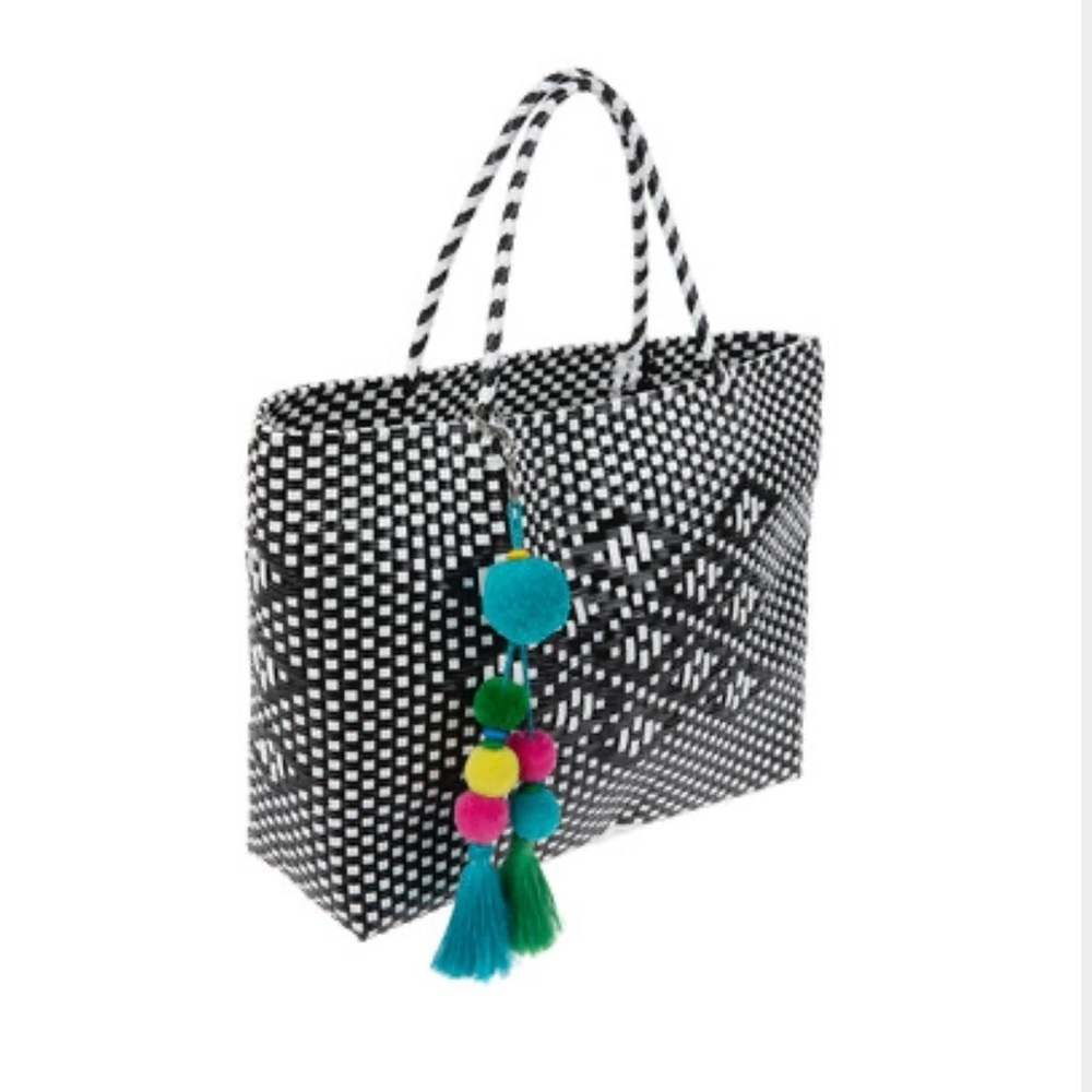 Mexican Handmade Black & White Woven Plastic Tote With Pom Pom Tassel